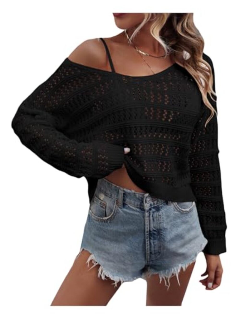 Women's Crochet Hollow Out Drop Shoulder Scoop Neck Long Sleeve Knit Sweater